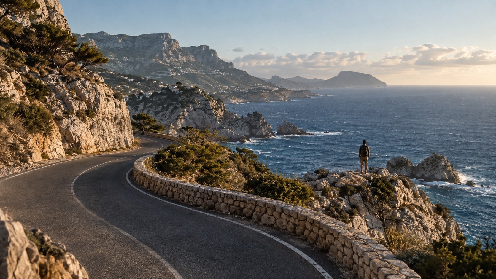 A traveler looking out over a blue sea beside a winding coastal road in golden evening light
